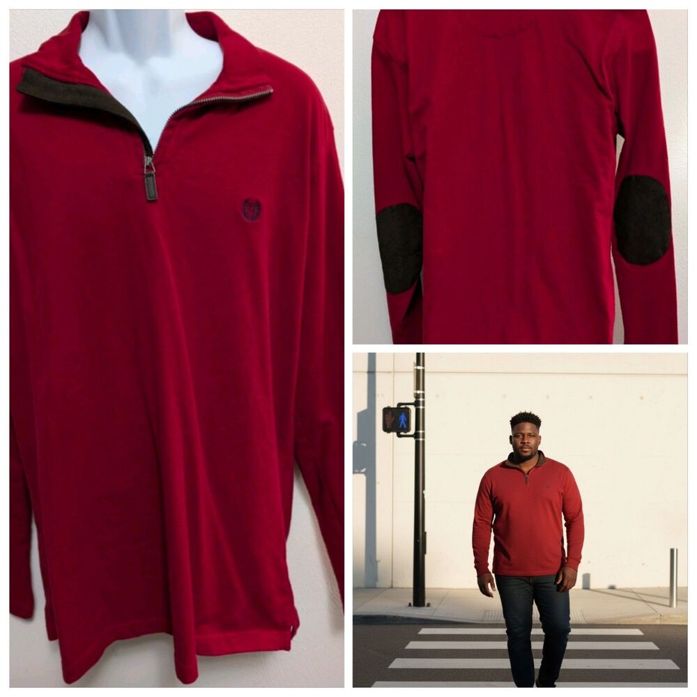 Vintage Chaps XL 1/4 Zip Logo Sweater Red With Elbow Patches Cabin Core Vacation